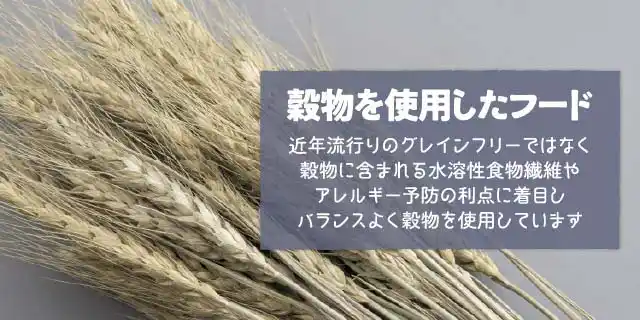 穀物を使用したフード～近年流行りのグレインフリーではなく穀物に含まれる水溶性食物繊維やアレルギー予防の利点に着目しバランスよく穀物を使用しています